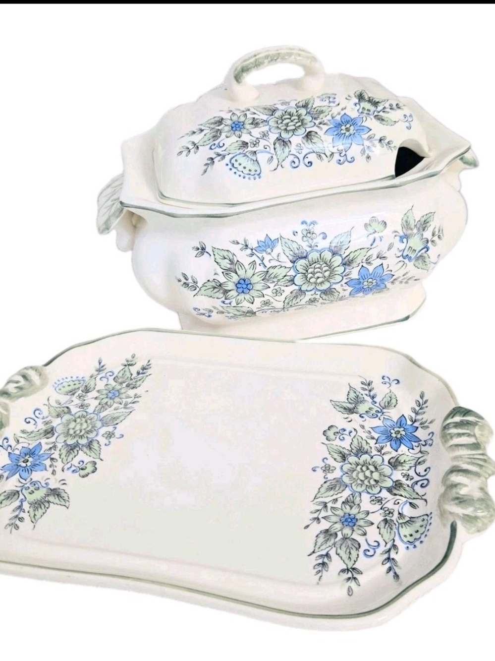 Vtg Nasco Soup Tureen Serving Dish Set Blue Floral Covered Cottage Country READ
